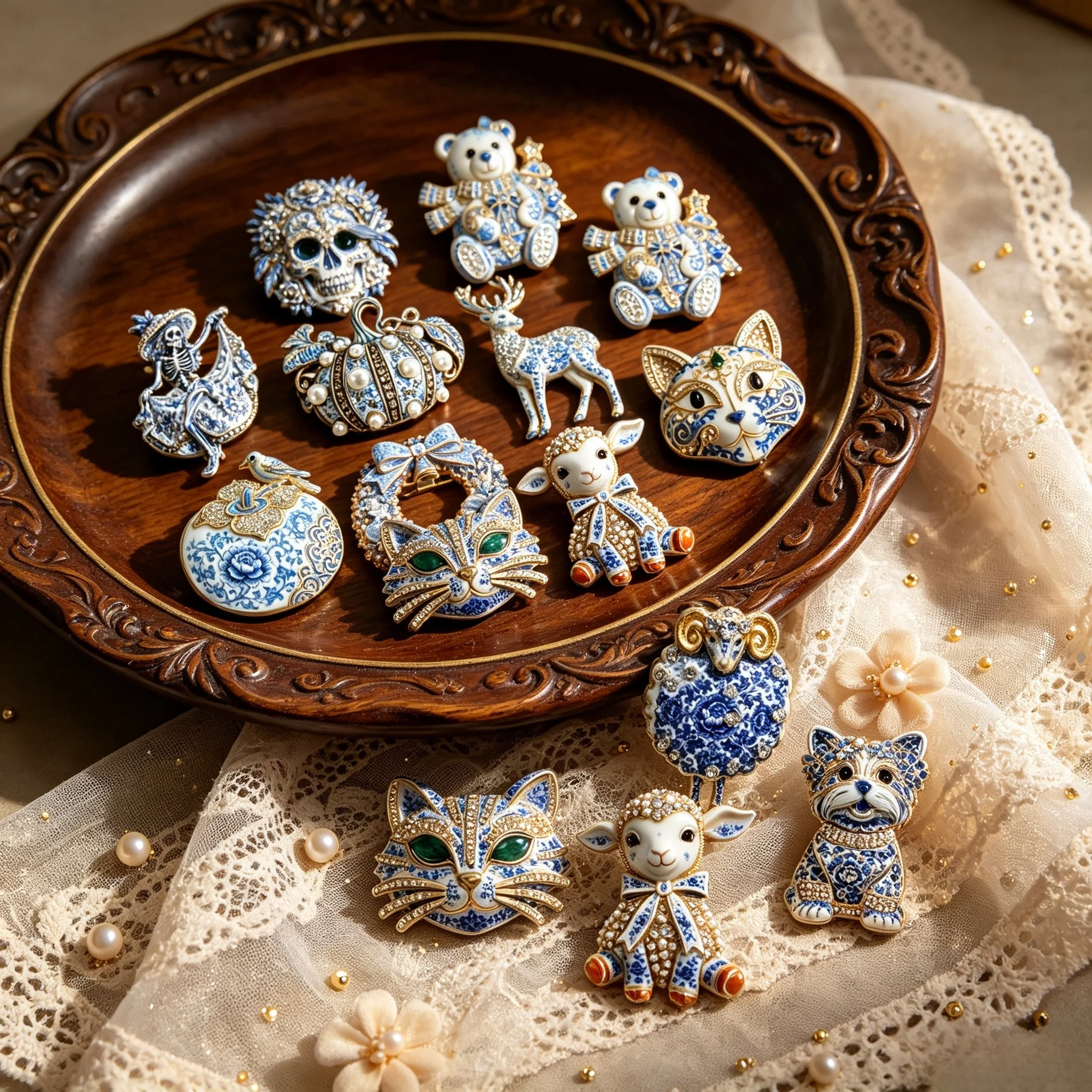Retro Blue‑and‑white Floral Animal Brooch Crystal Rhinestone Enamel Pin Skull Lion Deer Cat Lapel Badge Fashion Accessory