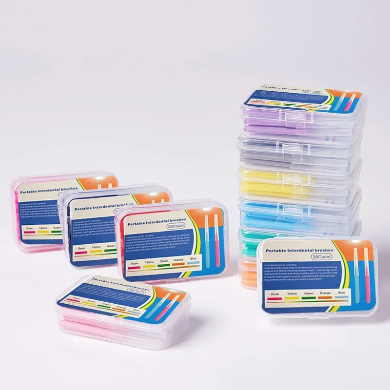 แปรงซอกฟัน 30 ชิ้น/กล่อง ขนาด 0.6-1.2 มม. สำหรับดูแลสุขภาพฟัน แปรงแบบดัน-ดึง ขจัดคราบอาหาร คราบพลัค ช่วยให้ฟันขาวสะอาด อุปกรณ์ทำความสะอาดช่องปาก