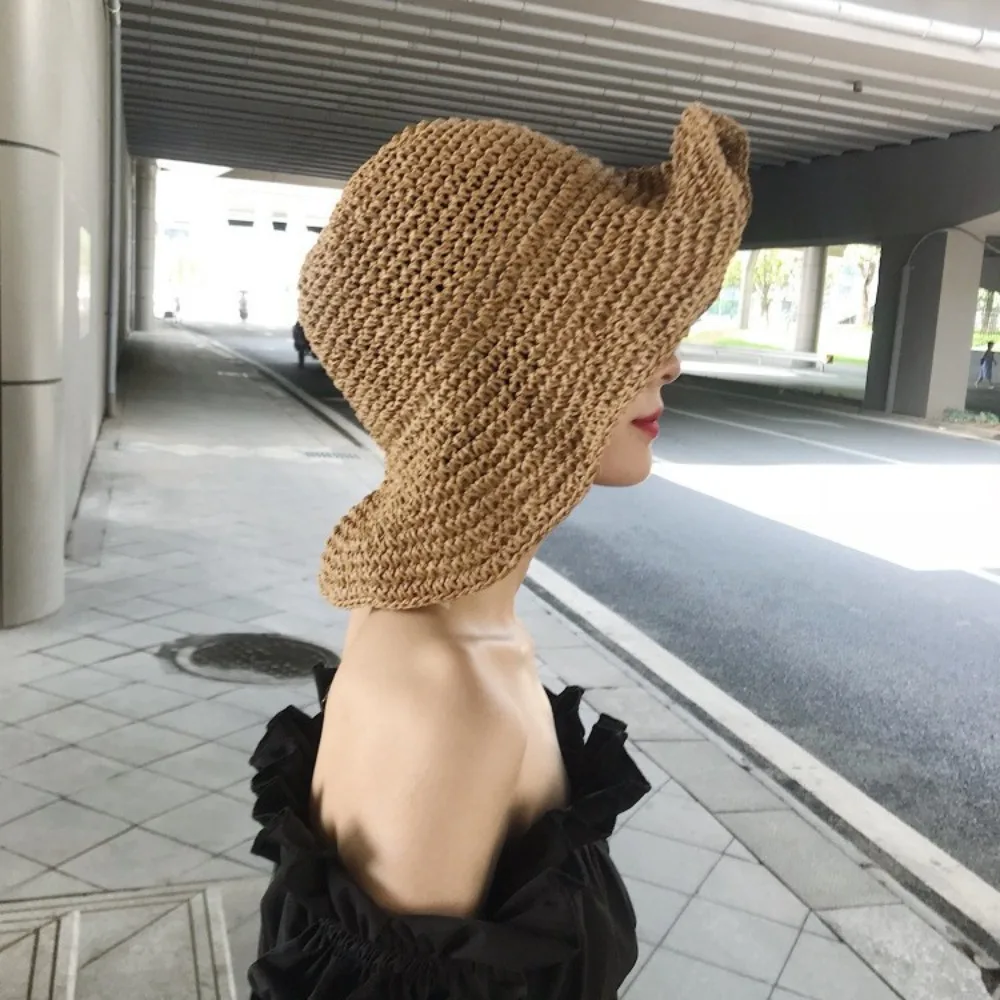 

Fisherman Hat Solid Color Beach Sun Hat Anti-UV Hiking Cap Crochet Straw Hat Casual Korean Style Summer Bucket Hat Outdoor