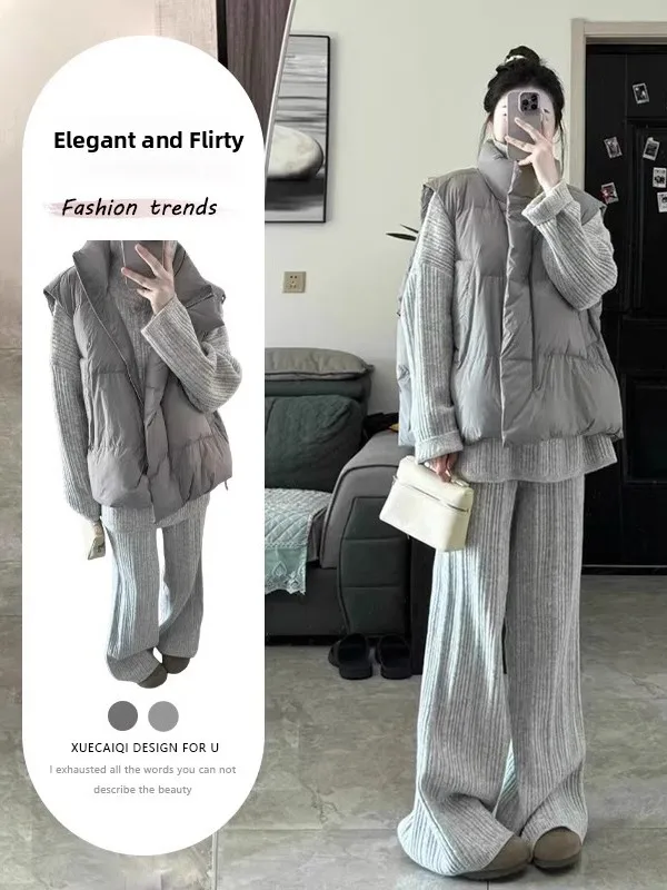 

Winter Lazy Style Three-Piece Set Women's High Collar Cotton Jacket Vest Sweater Wide Leg Pants Comfortable Warm Fashionable
