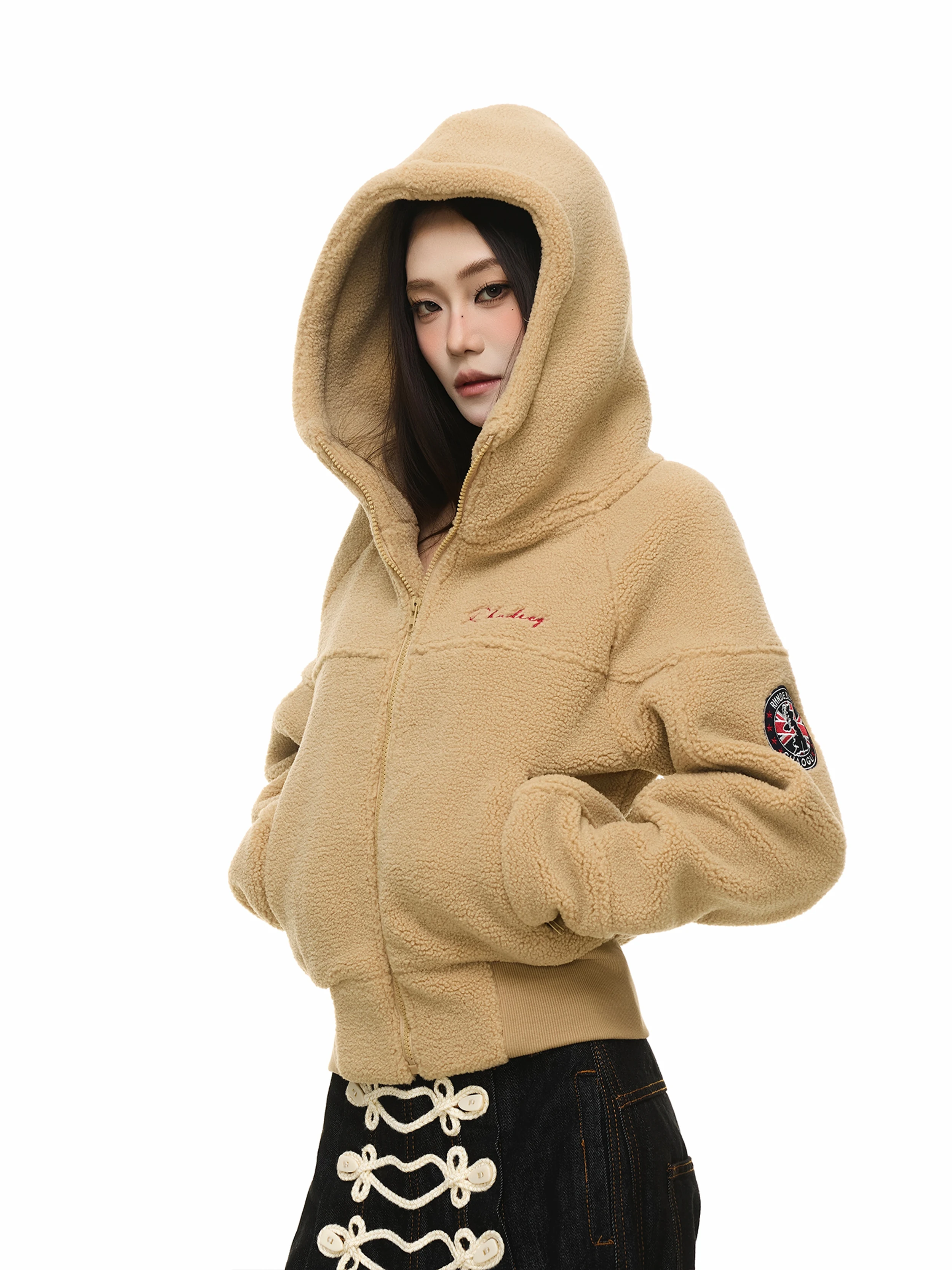 American Retro Embroidery Design Lamb Velvet Hooded Short Jacket Autumn Winter Lazy Casual Versatile Open Cardigan Women's Fa...