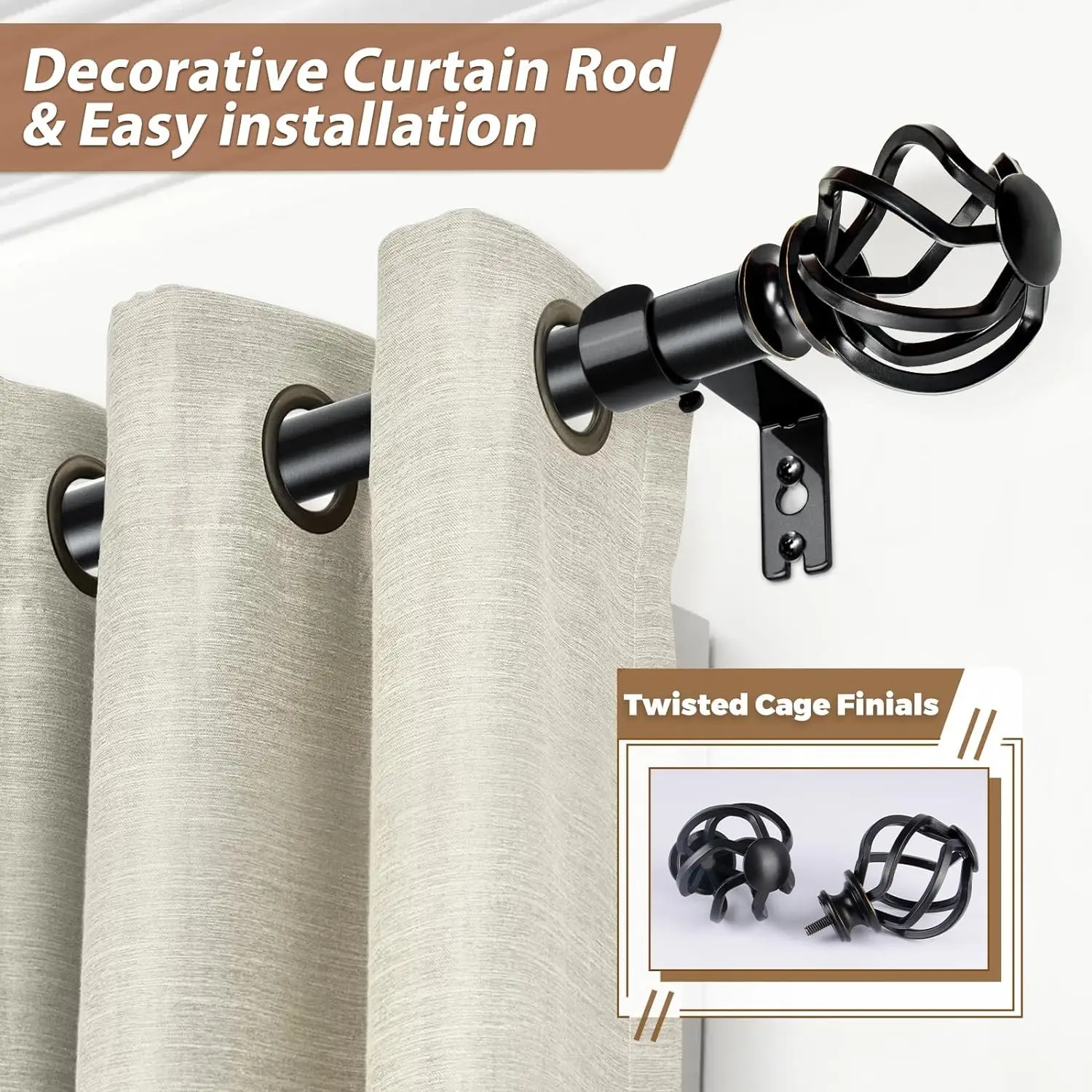 Black Curtain Rods for Windows , 1 Inch Heavy Duty Curtain Rod 18 to 120, Long Decorative Single Drapery Rods, Twisted Cage End