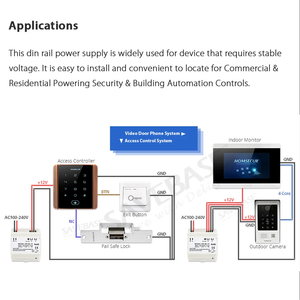 DR-60 60W Industrial DIN Rail Switching Power Supply Input 100-240V AC Output DC12V 5A For Video Door Intercom&Access Control