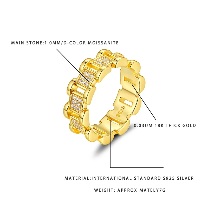 

Trendy Chain-Link Full Moissanite Men Ring, 18K Thick Gold Plated S925 Silver, D-Color Stone Fashion Daily Party Engagement Band