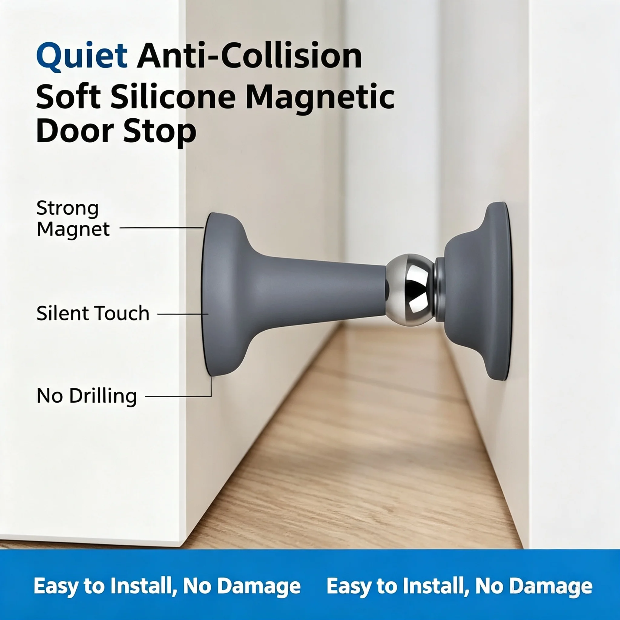 Drill-Free Silicone Door Stopper, New Magnetic Door Catch for Bathroom, Anti-Collision Door Stop, Strong Magnet Silent Floor Mou