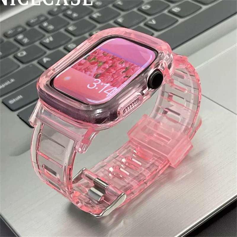 Korea Cute Pink Clear Sports Silicone Case + Strap For Apple Watch Band 49mm 45 44 41 42 Correa Band For Watch Series 8 7 SE 6 5