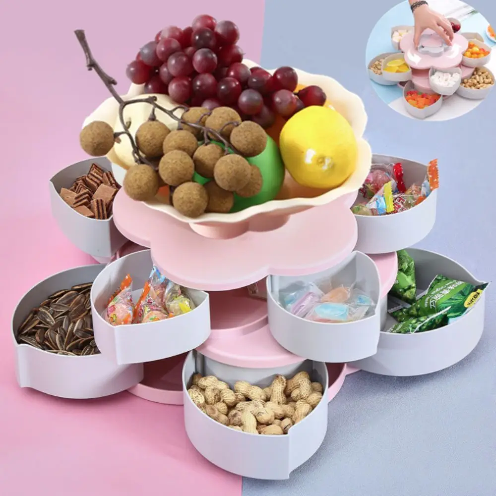 Multifunctional 2-layer Rotating Petal Candy Box with Phone Holder Plastic Snack Tray Dust-proof Jewelry Organizer Wedding
