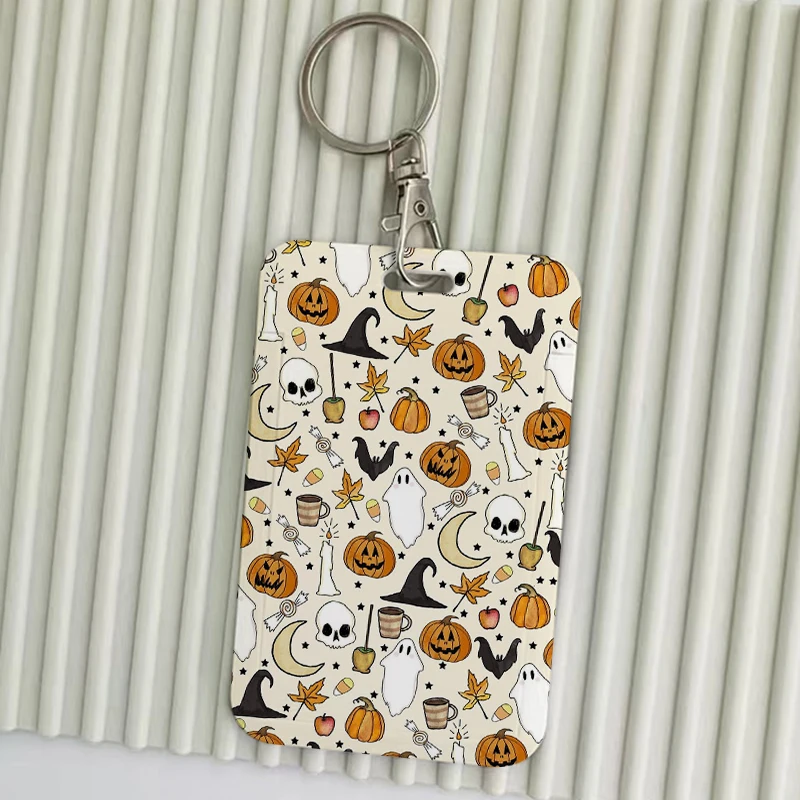 Halloween Autum Leaves Keychain Card Holder Keychains Spooky Ghost Bat Pumpkin Holders Bank Bus ID Credit Cards Key Ring Chains