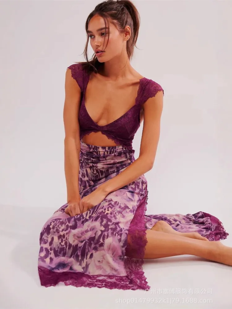 Sexy Lace Patchwork Slim Dresses Women Summer New Print Low Cut V-neck Hollow Out Tight Slit Dress Fashion Hot Style Vestidos