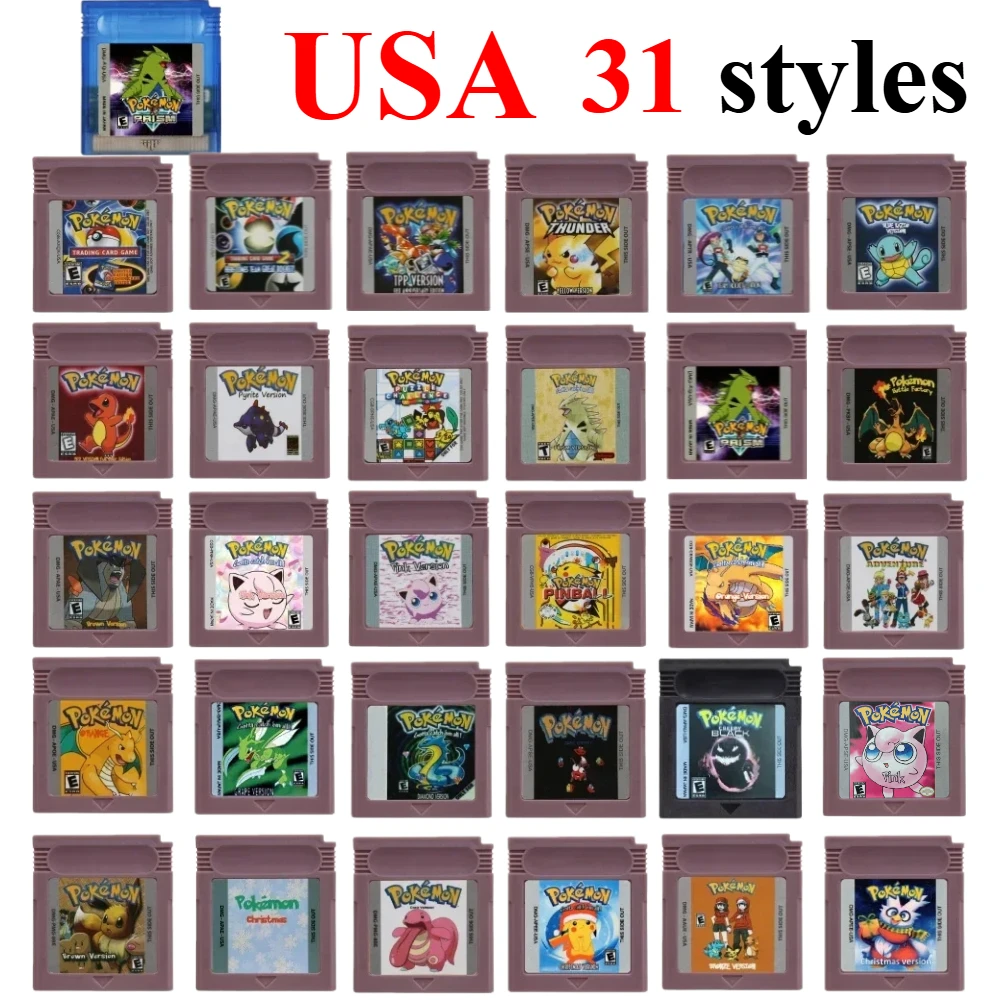 USA Pokemon GBC Game Card Prism Red Blue Crystal Golden Green Silver Yellow 16 Bit Video Game Cartridge Console Cards for GB/SP