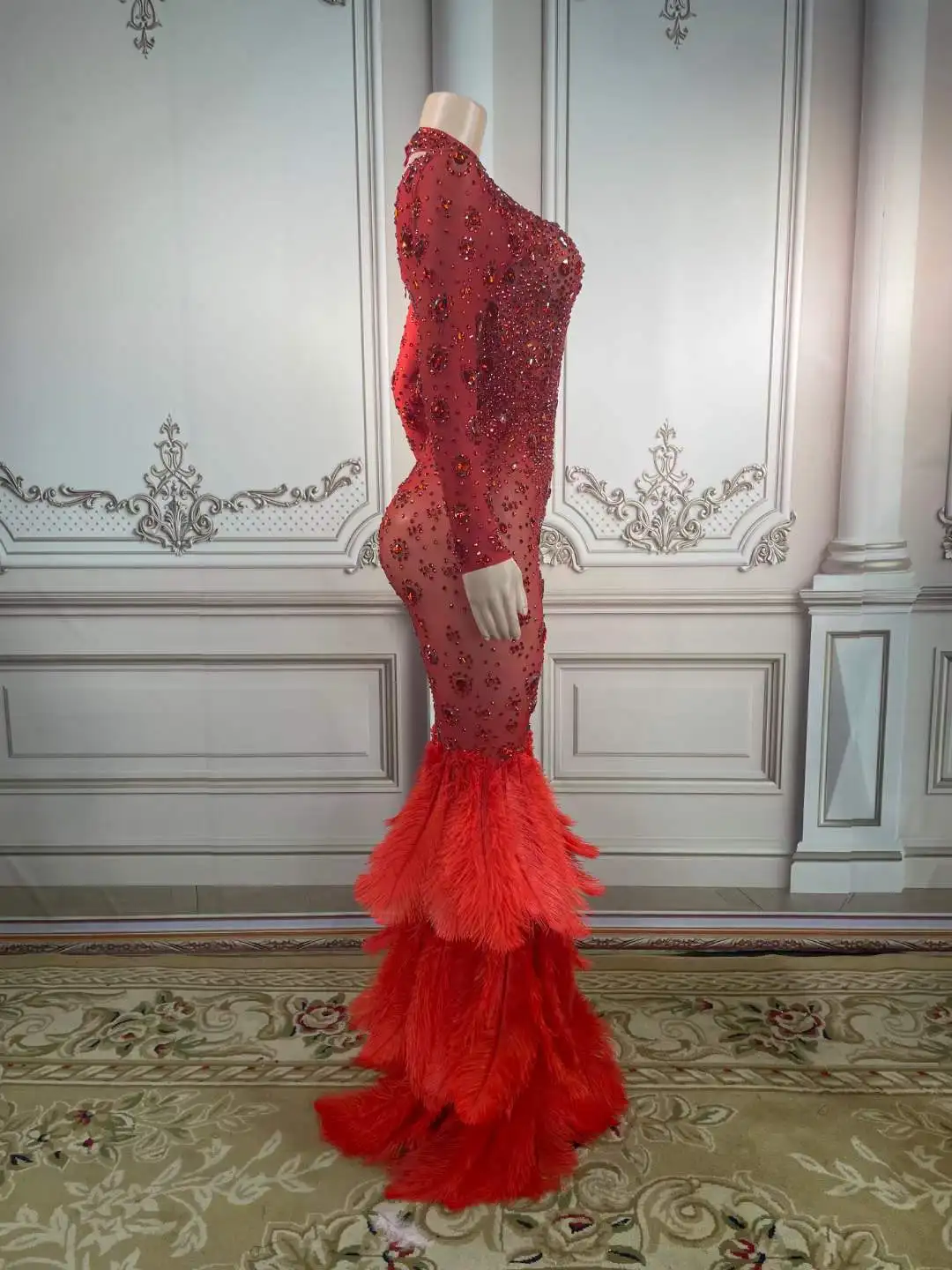 Feminino elegante strass pena elastano vestido drag queen outfit vermelho baile de formatura elegante noite clube palco wear