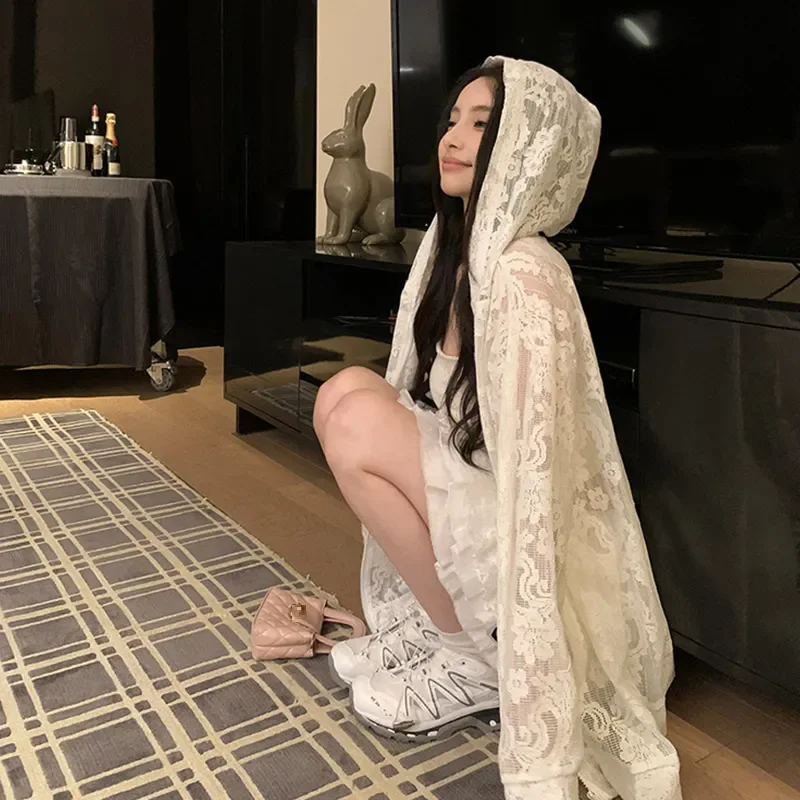 

Summer 2025 Lace Jacket Women Casual Solid Color Coat Holiday Cardigan Lace Hooded Sunscreen Clothing Ladies Elegant