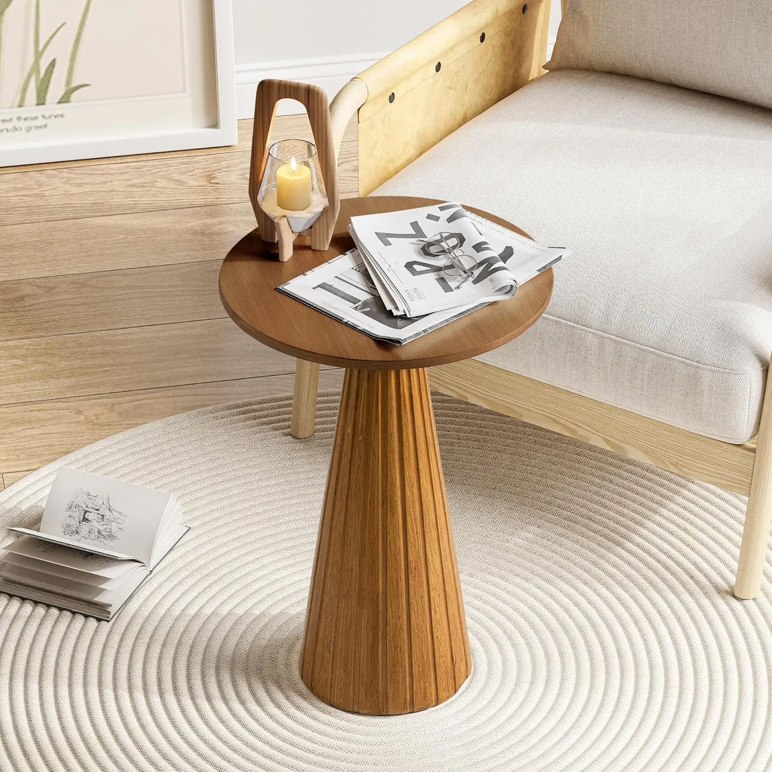 

Pedestal Small Drink Table Round I Table Wood Plant Stand End Table For Small Space Living Room, Bedroom, Walnut