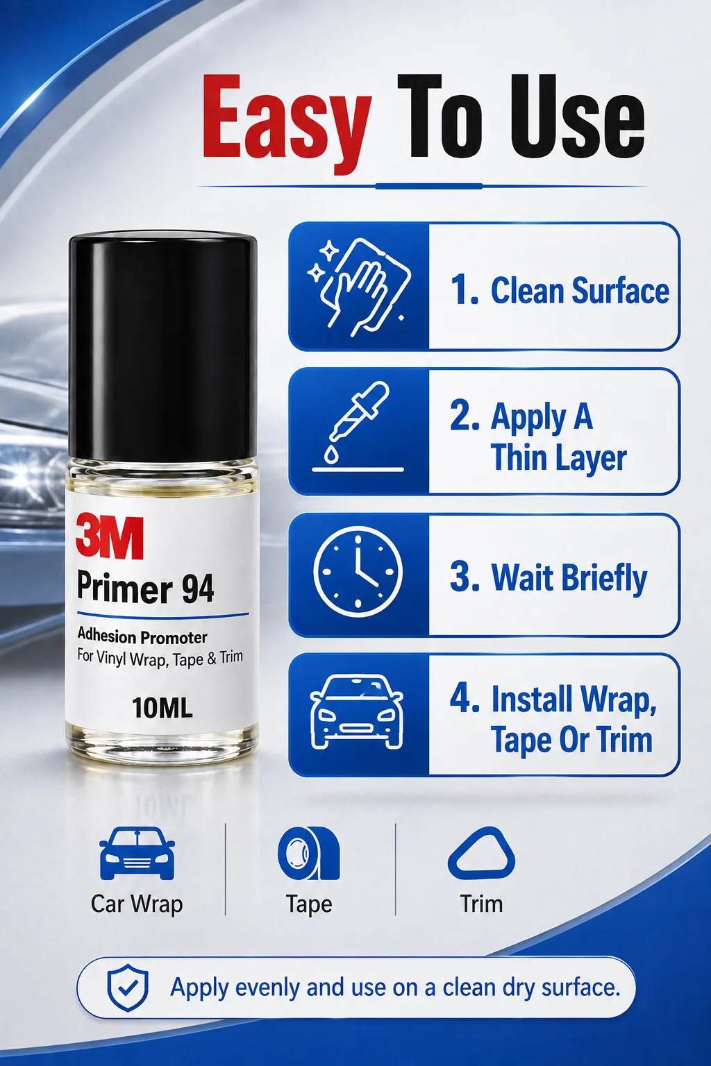 Original 3M Primer 94 Haftvermittler 10ml Nachfüllpackung Starke Haftung für Auto-Folierung Kunststoff- und Metalloberflächen – Detail 7