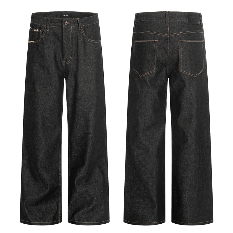Hand-Sewn Original Blue Denim Jeans A-Line Straight Leg Colorfastness Unisex American Style Decorative Stitch Straight Leg Pants