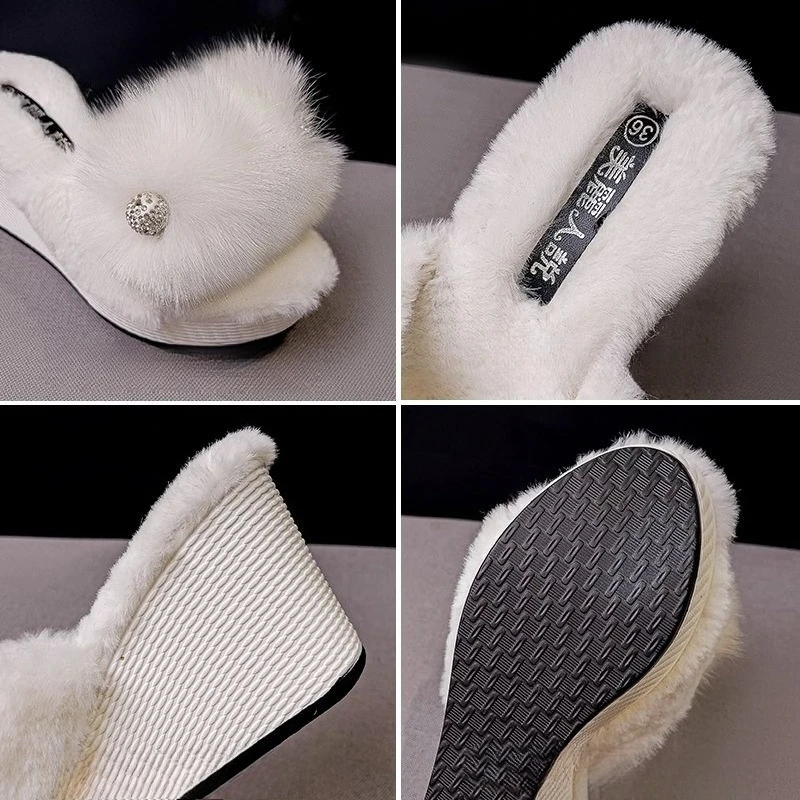 Winter Genuine Leather Rabbit Fur Warm Slippers Women's Fashion Wedge Heel Rhinestone Flower Fluffy Women's Shoes Elegant Cozy