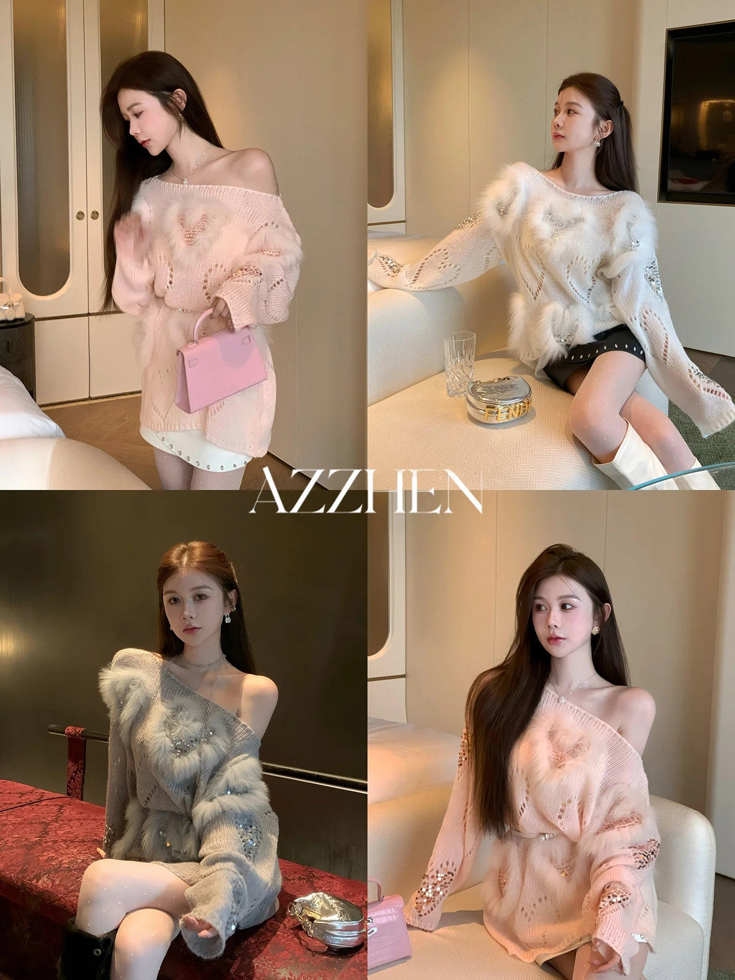 

AZZHEN Sweet Melody Spliced Heart Fur Knitted Sweater Mixed Wool Blend Comfortable Warmth Autumn Winter Women's Faion