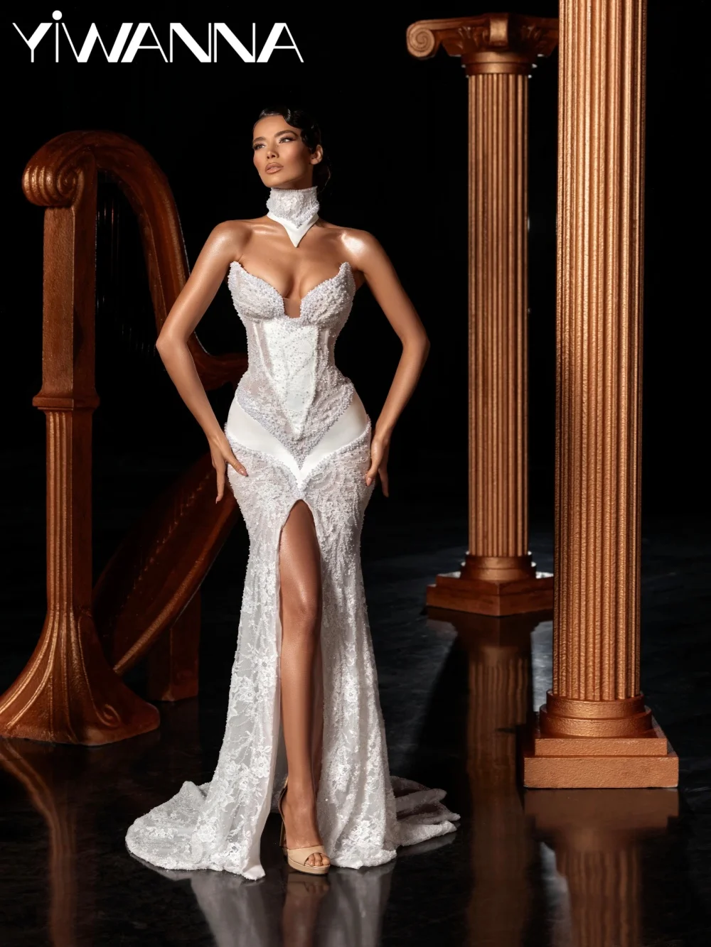 

Dazzling Luxury Pearls Lace Wedding Dress With Structured Corset Bodice Bridal Gown Customized Sexy High Slit Dresses For Bride