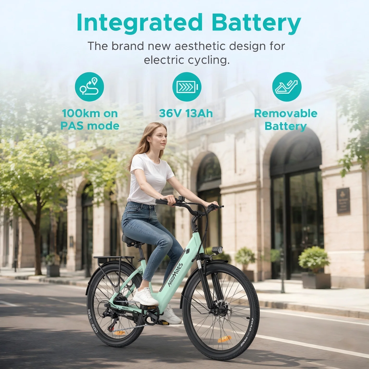 HillMiles MileCity 1 Bicicleta Eléctrica de 26", 250W 38Nm 36V13Ah con Batería Extraíble, Autonomía de Hasta 80–100 Km, 7 Velocidades, Suspensión Delantera, Freno de Disco Mecánico, Bicicleta Eléctrica Urbana, 25km/h EPAC, Verde