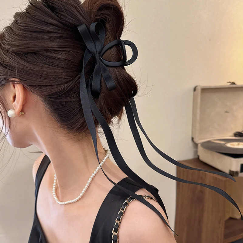 Vintage Lange Satin Haarnadeln Große Samt Bogen Mode Elegante Frauen Schwarz Bowknot Haar Klaue Haar Clips Koreanische Haar Zubehör