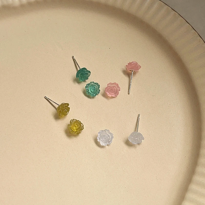 

Real 925 Sterling Silver Colorful Rose Flower Mini Stud Earrings For Women Party Classic Fine Jewelry Sweet Plant Accessories