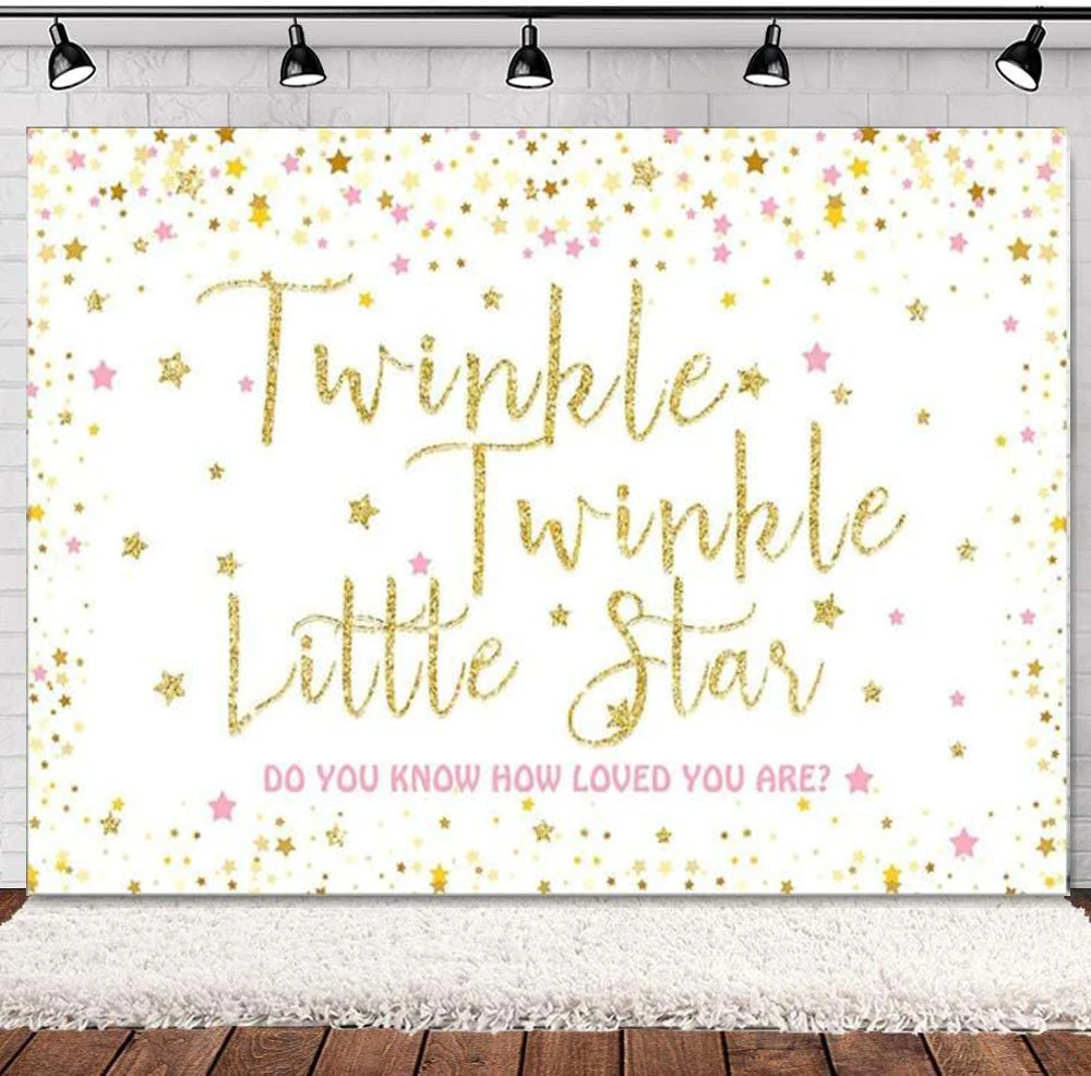 

Pink And Gold Twinkle Little Star Girl Baby Shower Birthday Party Photography Backdrop Glitter Stars Photo Banner Background