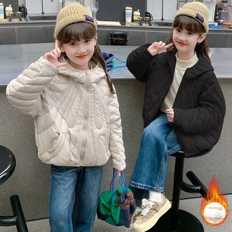 Meninas inverno algodão jaet com capuz leve facionable médio a grande roupas infantis fecho de zíper longo sve