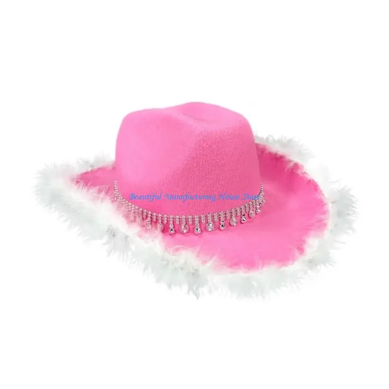 E56A Glinting Panama Hat Studded Rhinestones Party Hat for Women Holiday Costume Decorative Crystal Belt
