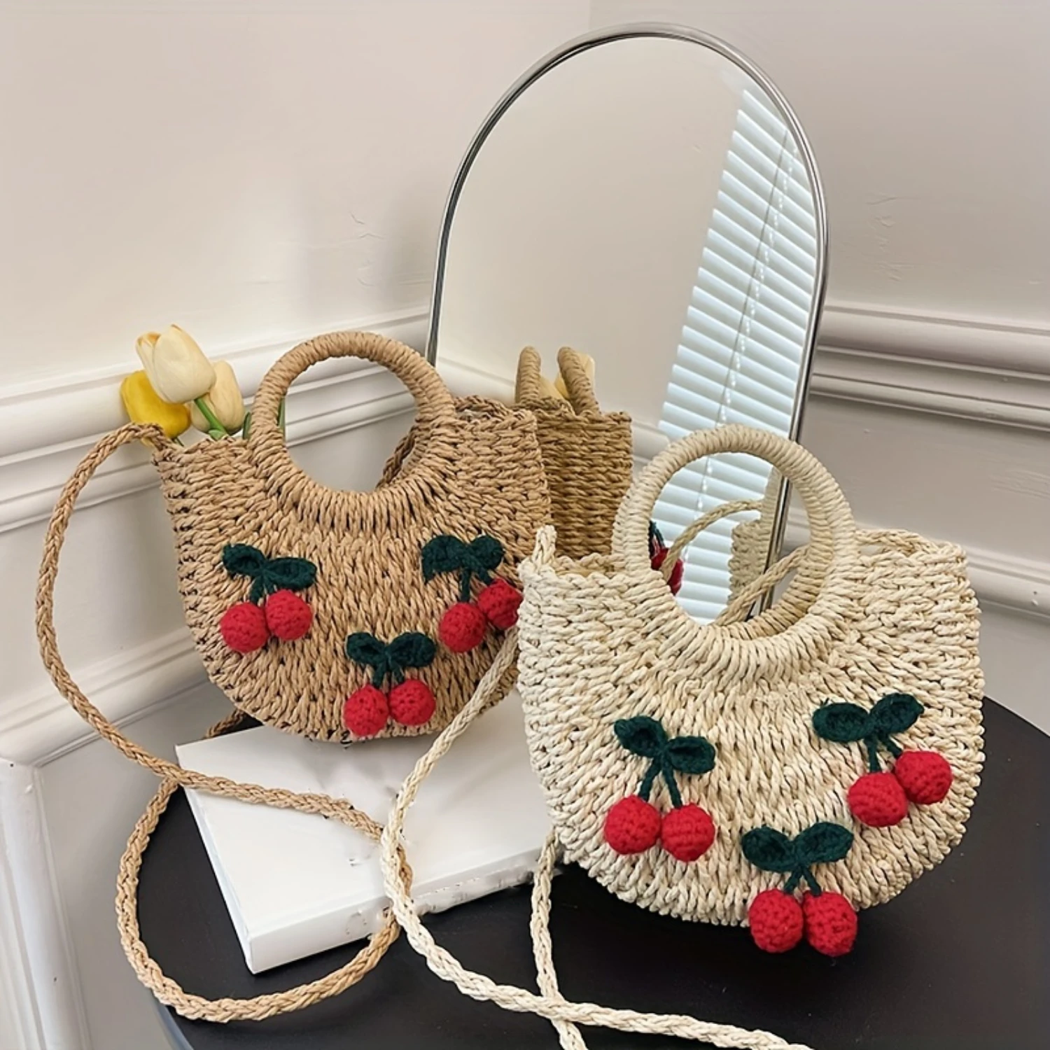 

Cherry Decor Straw Bag - Summer Woven Crossbody Handbag for Women