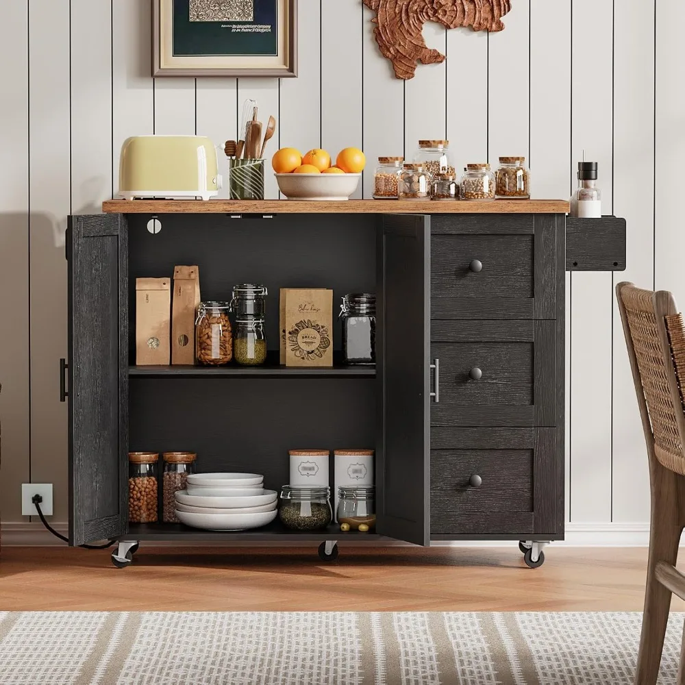 

Kitchen Island with Power Outlet, Rolling Kitchen Island on Wheels, Island Table with 3 Large Drawers, Customized
