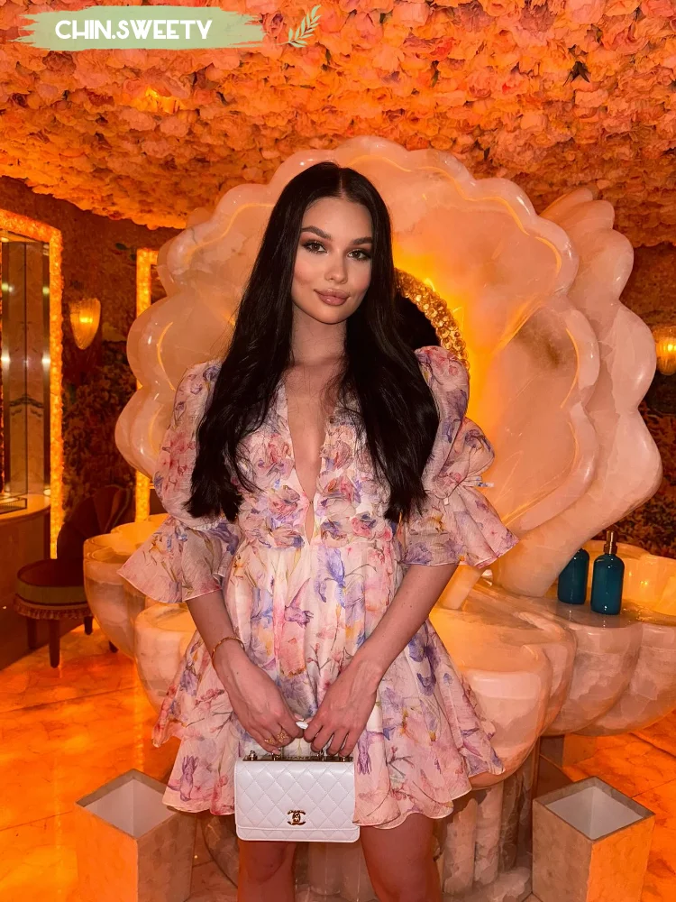 

Printed Bubble Sleeves Lotus Leaf Mini Dress Women Sexy Waist Cinching Deep V Puffy Short Dresses 2025 New Summer Holiday Robe