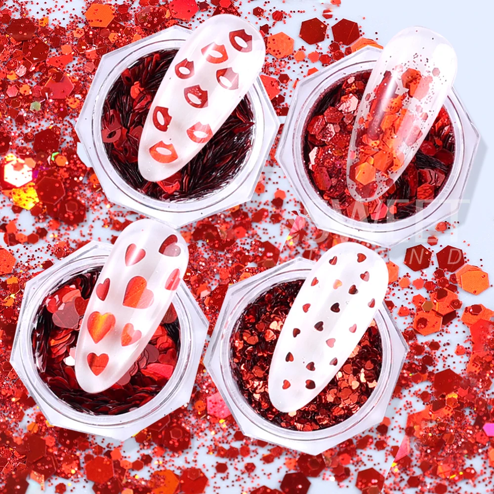กลิตเตอร์ตกแต่งเล็บรูปหัวใจสีแดงสดใส 4/12 กล่อง/ชุด สำหรับทำเล็บ 3 มิติ ตกแต่งเล็บวันวาเลนไทน์