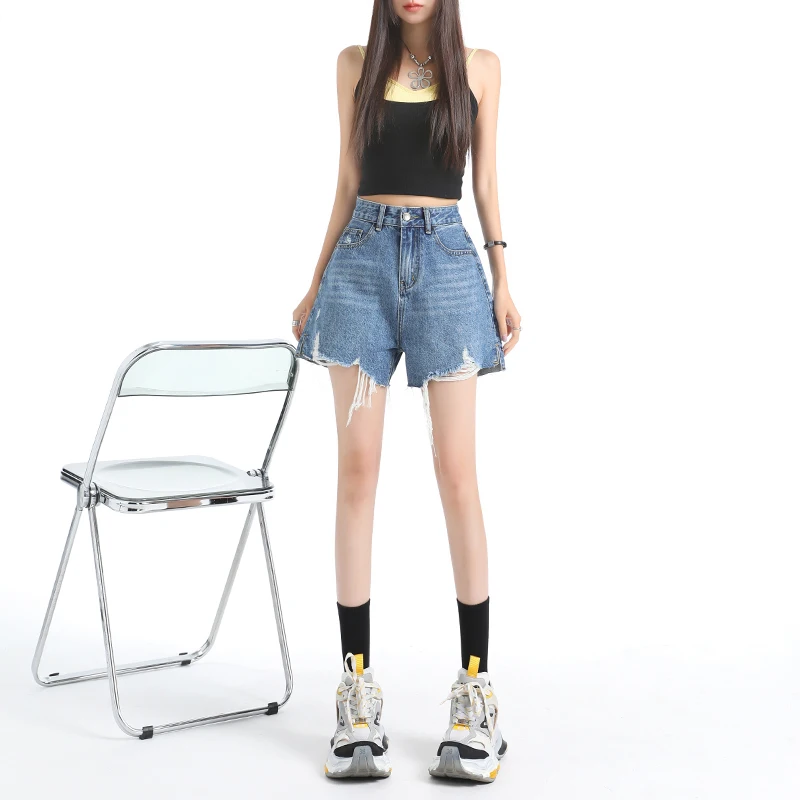 

2026 Джинсовые шорты с высокой талией для женщин Y2K Лето Новые свободные тонкие трапециевидные шорты небольшого размера Интернет-знаменитости Пряные тонкие шорты