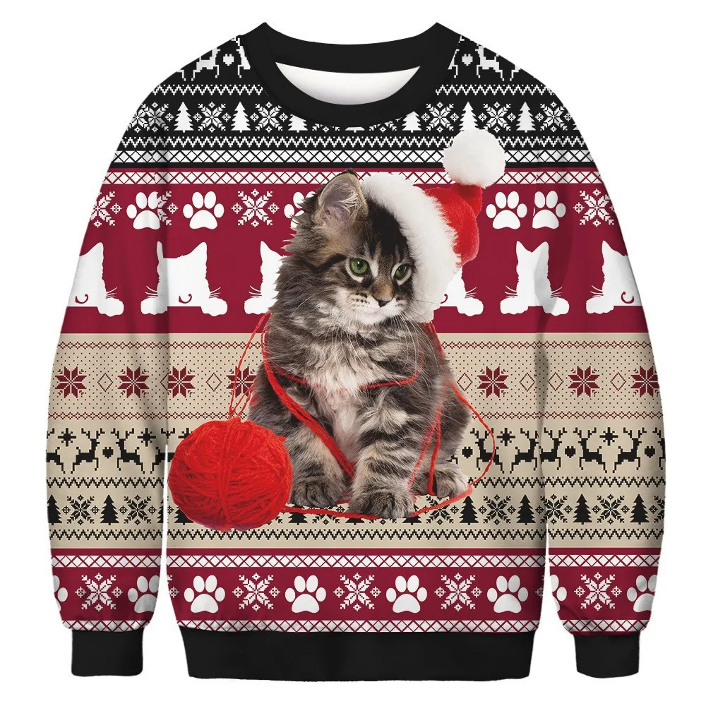

Christmas Edition Men's Sweatshirt 2025 3D Funny Cat Print Premium Thin Material Crew Neck Loose Comfort Winter Wear