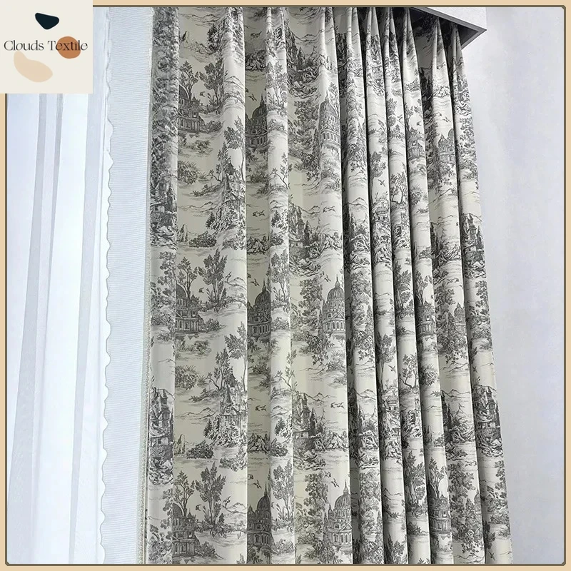 

French Velvet Print Blackout Curtains for Living Dining Room Bedroom Window Vintage American Balcony Finished Curtains Customize