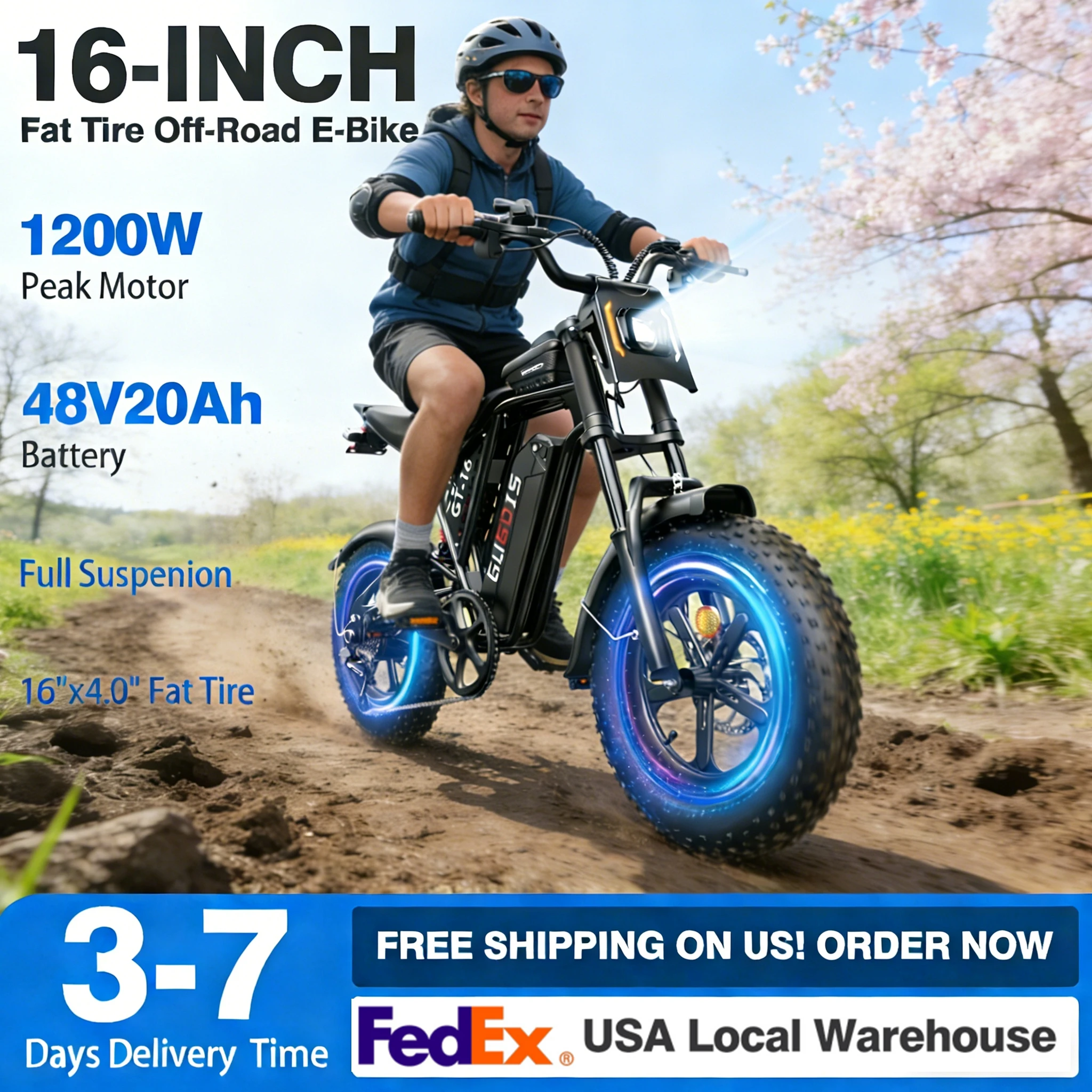 

GUGOIS GT16 1200W Electric Bike Motorcycle for Adults Teens 30MPH 48V 20AH Battery 16x4.0" Fat Tire Off Road Dirt Ebike