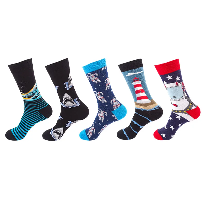 5 Pairs Novelty Men\'s Cotton Colorful Pattern Funny Fashion Happy Crew Dress Socks Male Tide Brand Men Cotton Socks