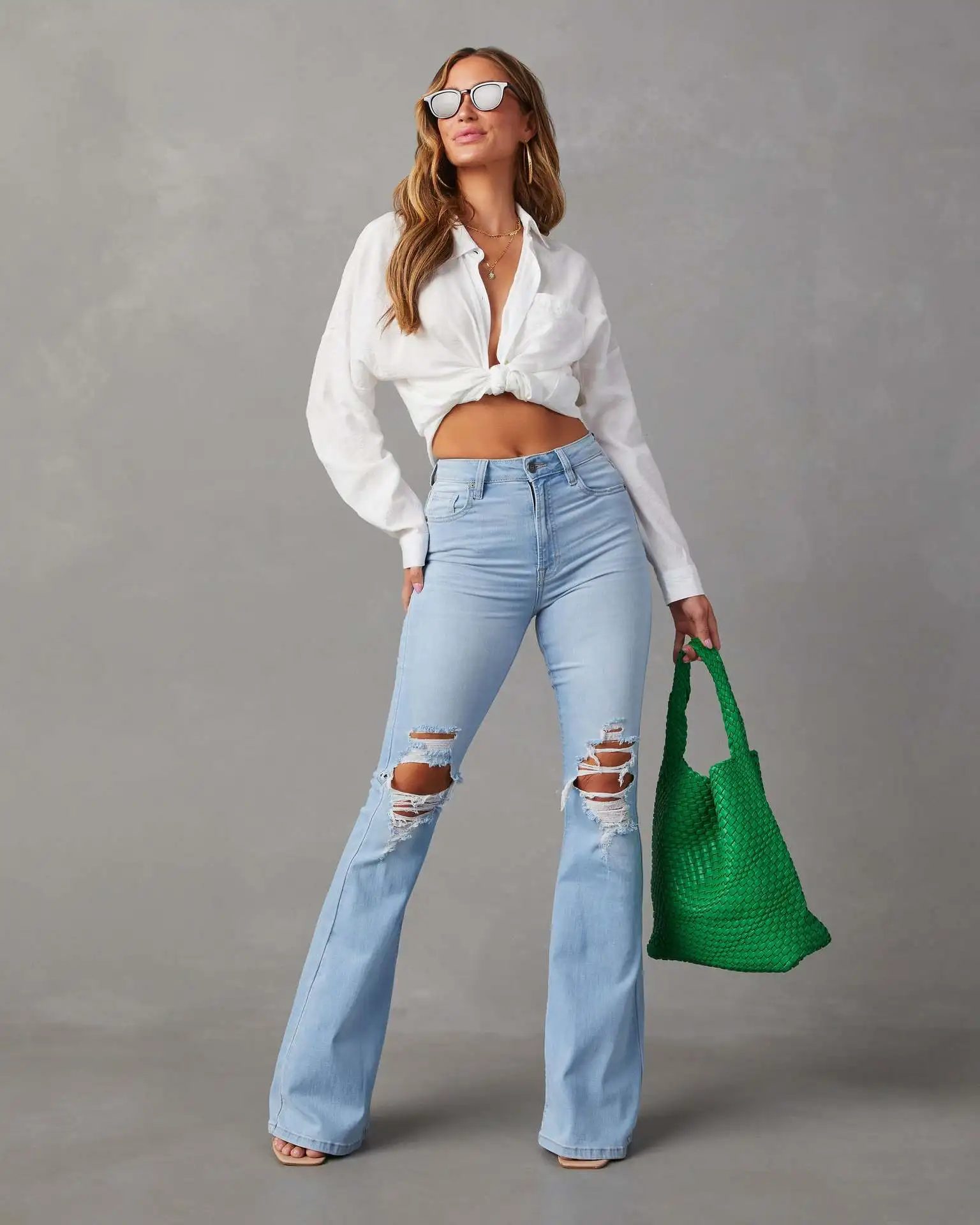 

New Women's Ripped Jeans High Waist Slim Comfortable Casual Autumn All Matching Solid Color Lady Micro Flared Pants