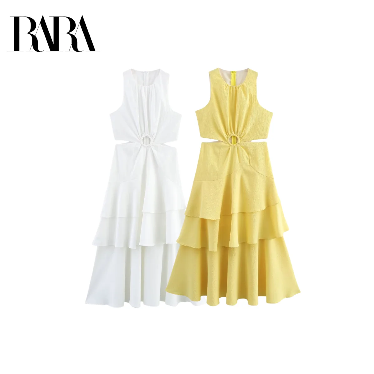

RARA2025 Casual Fashion All-match Temperament Layered Ruffle Sleeveless Round Neck Waist Dress Summer New Women's Wear