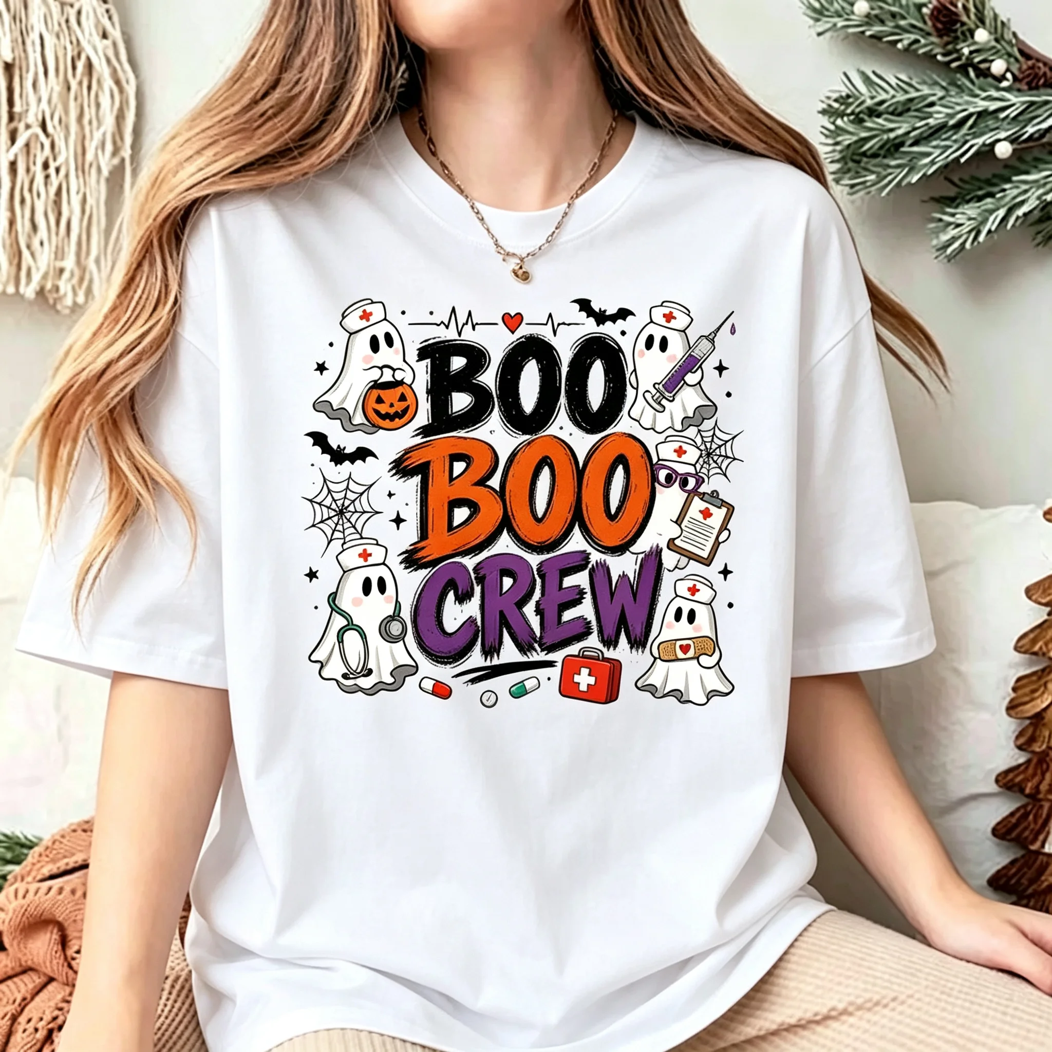 Halloween Nurse Ghost Graphic T-shirt Cute Ghost With Stethoscope Syringe Pumpkin Print Unisex Short Sleeve Medical Worker