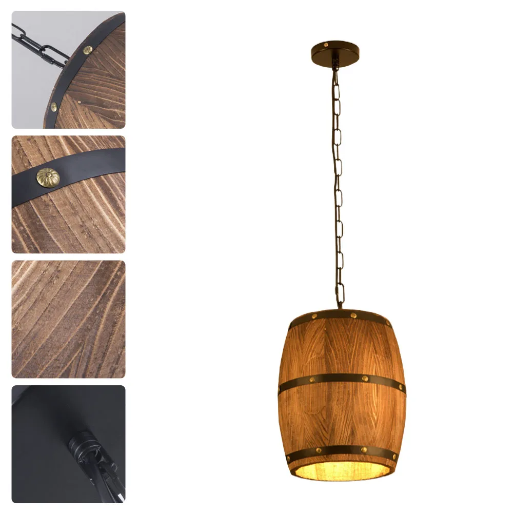 

Wooden Barrel Chandelier Rustic Ceiling Light Adjustable 1M Cable Creative Hanging Lamp Retro Style Lighting Supply