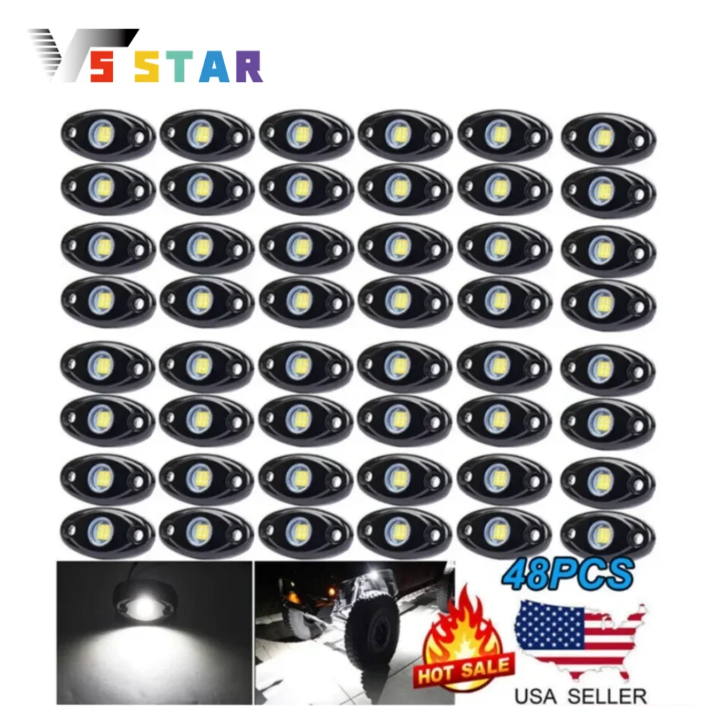 

48pcs Aluminum White LED Rock Lights Black For Underbody Trail Rig Glow Lamp Offroad SUV Pickup Truck