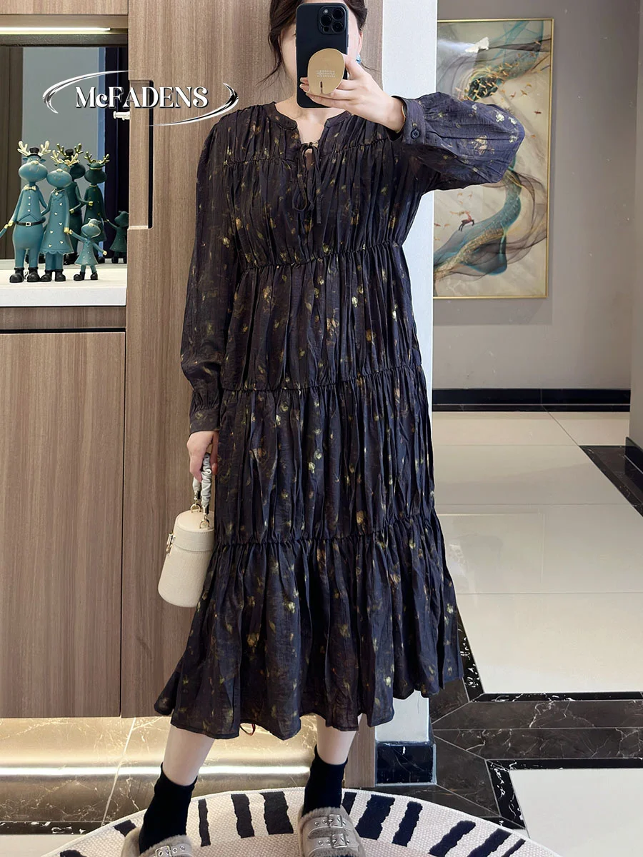 

Hong Kong Autumn New plus Size Fashion Pleated Floral Casual Base Retro Belted Long Sleeve Dress Women A-Line Midi Dress