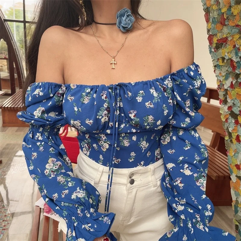 

Early Spring Chenopod2026 Square Collar Lantern Sleeve Blue Floral Print Short Shirt Holiday Casual Women's Fashion Blouse