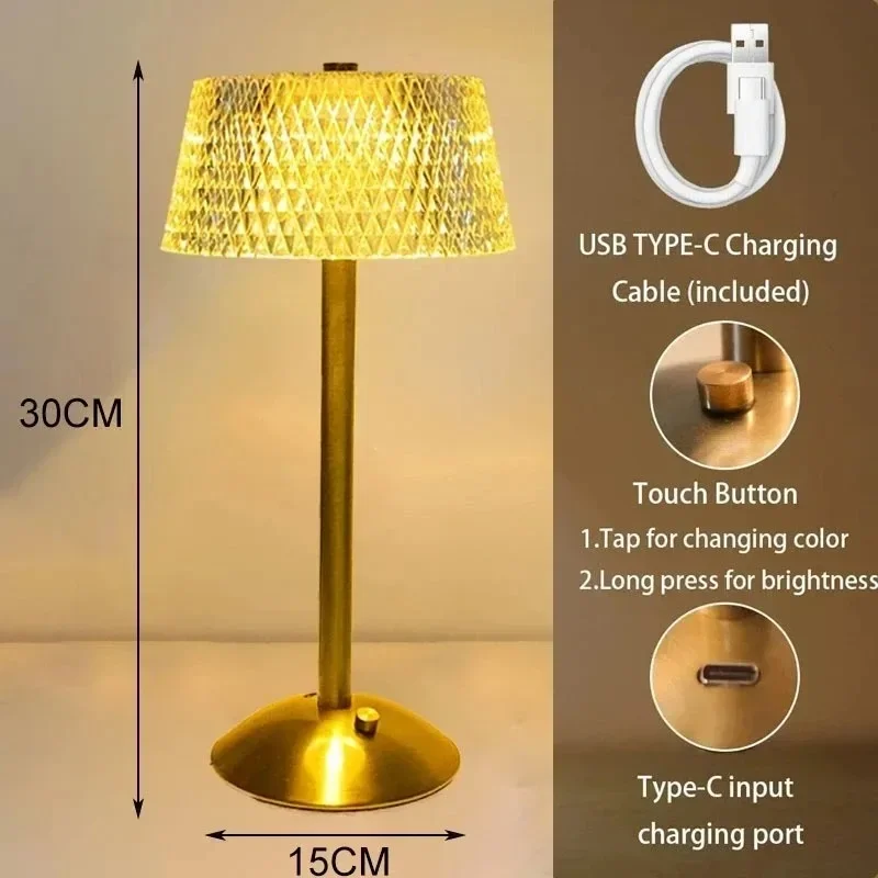 KFV LED Retro Tischlampe USB Wiederaufladbare Leuchte Kaffeebar Touch Dimmbare Kristall-Schreibtischlampe Schlafzimmer-Deko Vintage Tischlampen