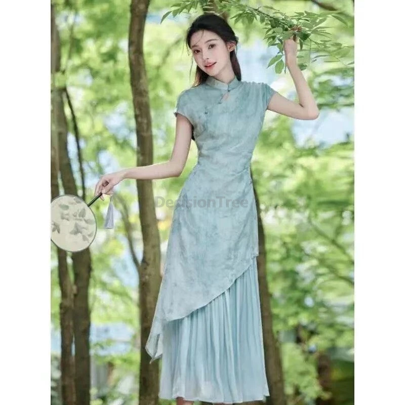 National style new Chinese Zen-inspired fresh sweet gradient jacquard qipao dress short sleeve splicing daily cheongsam