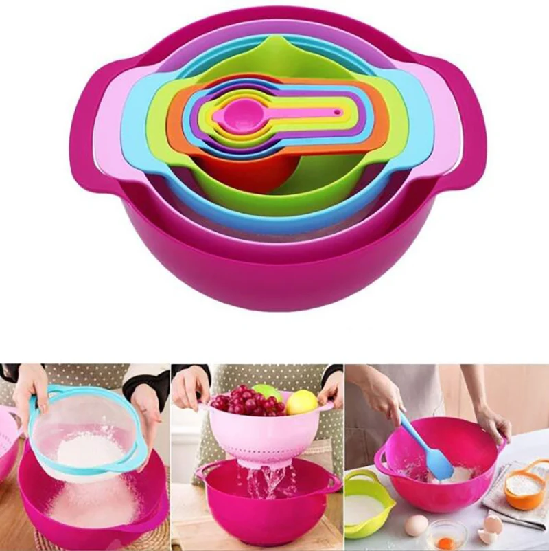 

Plastic Nesting Bowls,Bright Colorful Mixing Bowls with Measuring Spoons(2 Mixing Bowls 1 Colander 1 Sifter 6 Measuring Spoons)