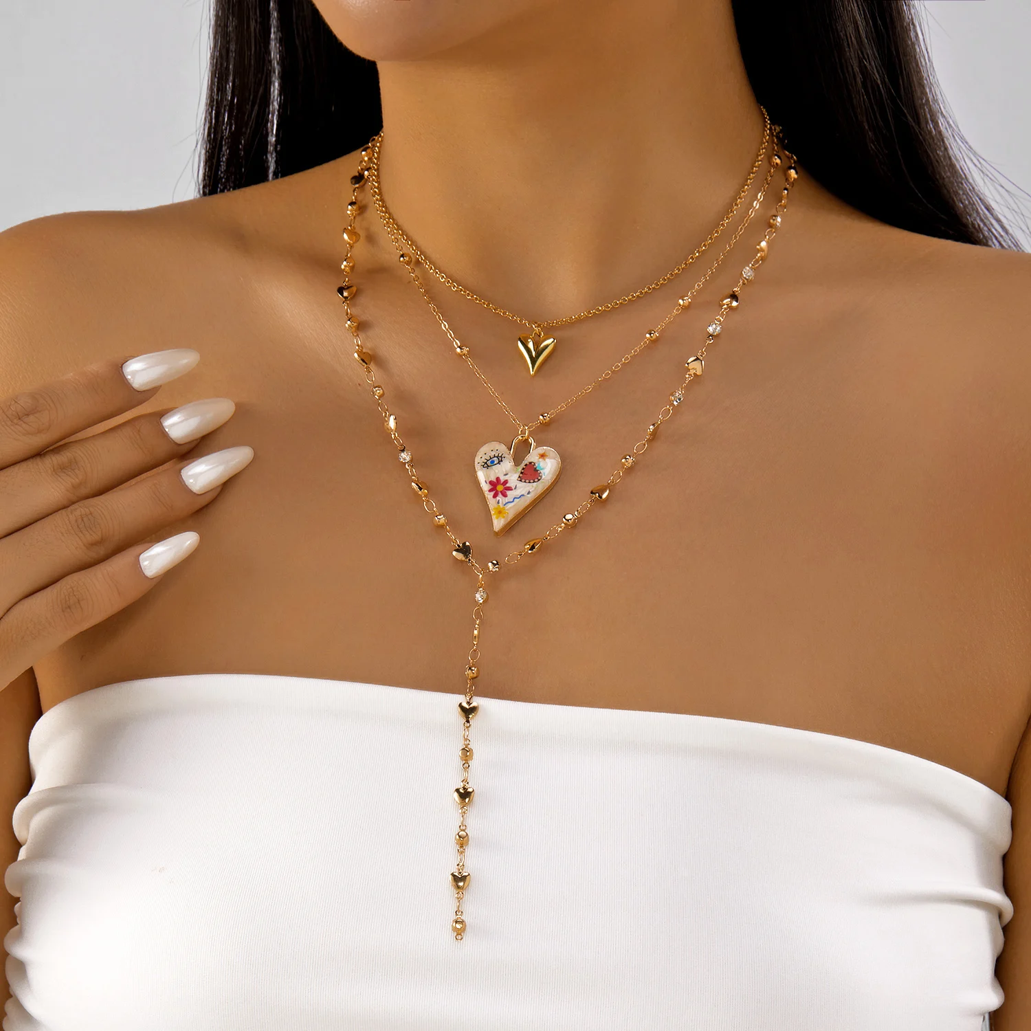 Trendy Bunte Tropft Öl Liebe Herz Form Anhänger Halskette für Frauen Kristall Zirkon Metall Perlen Halsband Kragen Kette Schmuck
