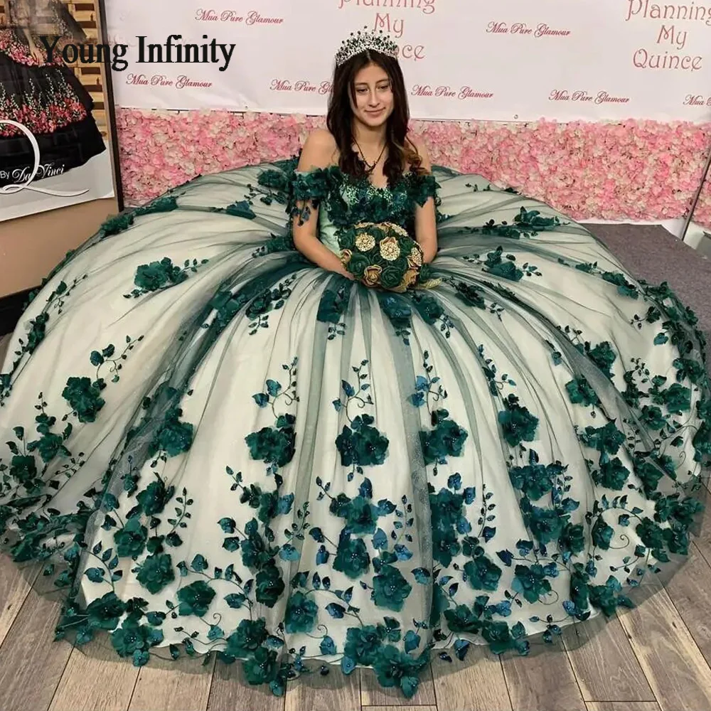 Customized 3D Floral Green Quinceanera Dress 2024 Sweet 16 Dress Birthday Ball Gown Prom Party Gown Pageant Vestidos de 15 Anos