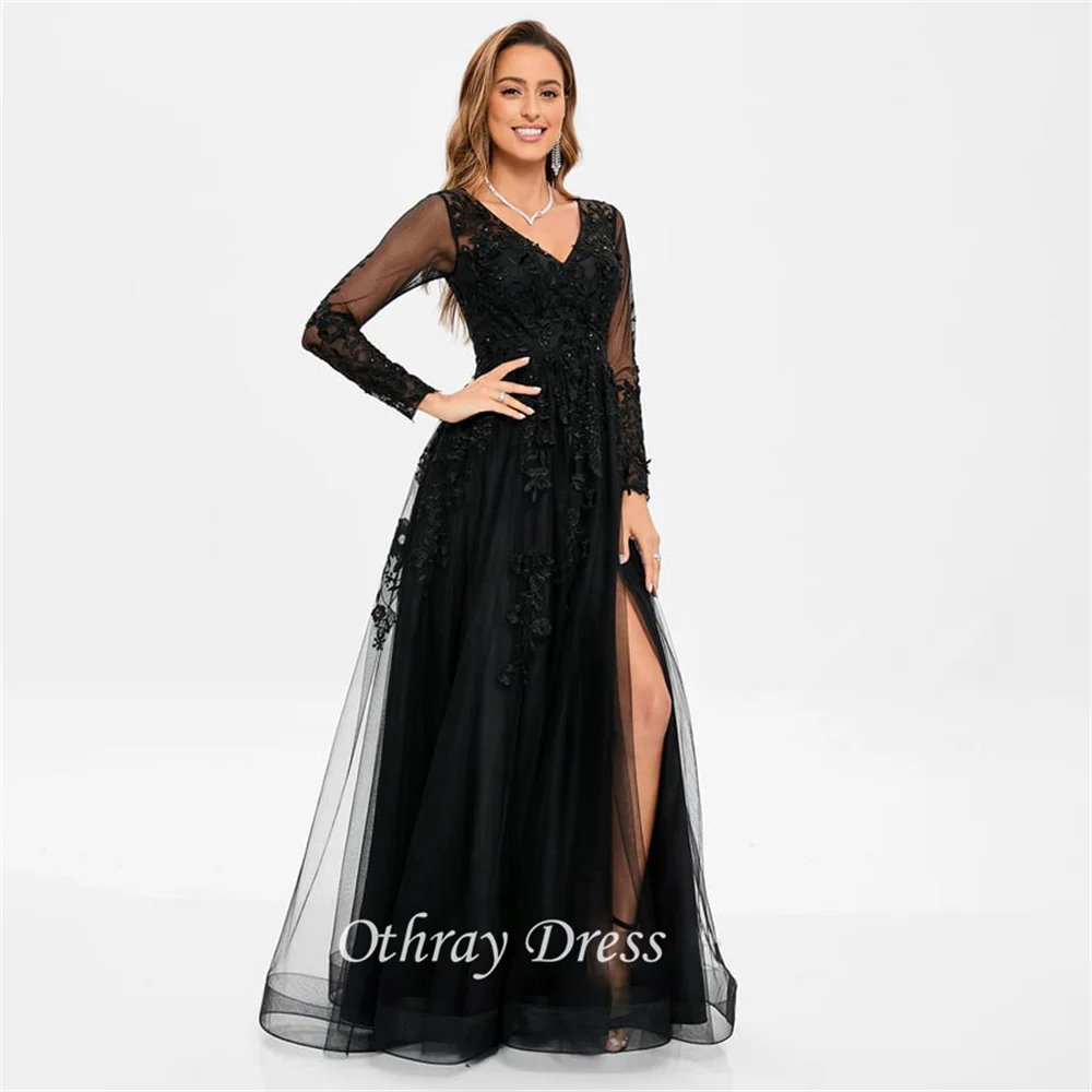 

New A-line Prom Dresses V-Neck Party Dresses Tulle Evening Dress Sequins Appliques Lace Beading Vestidos De Fiesta فساتين السهرة